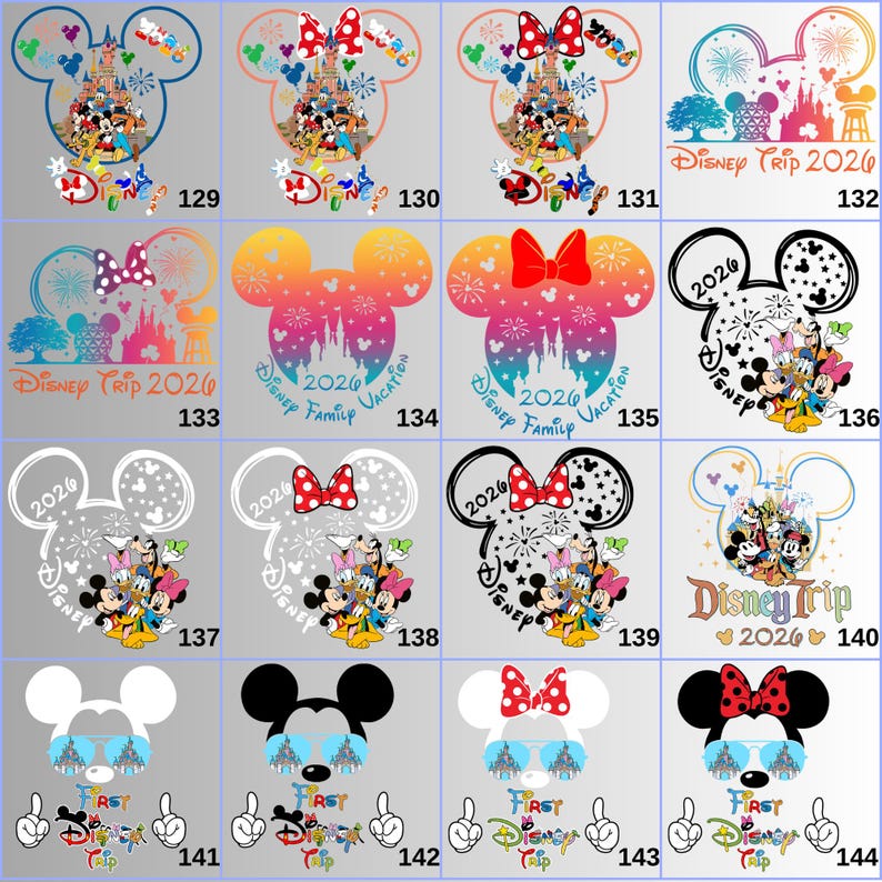 May include: A collection of Disney-themed designs featuring Mickey Mouse silhouettes, castle illustrations, and text. Designs include "Disney Trip 2026" and "First Disney Trip". Various color schemes and bow accents are present.
