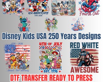 American Freedom Meets Disney Characters DTF Transfer Designs, Patriotic USA Cartoon Shirt Print, Iron On Decals