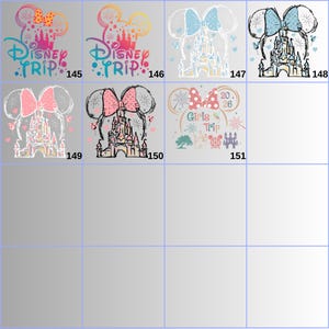 May include: Collection of graphic designs featuring Minnie Mouse ears, bows, and castles. Designs include the text "Disney Trip" and "Girls Trip 2026". The color palette includes pink, blue, and yellow.