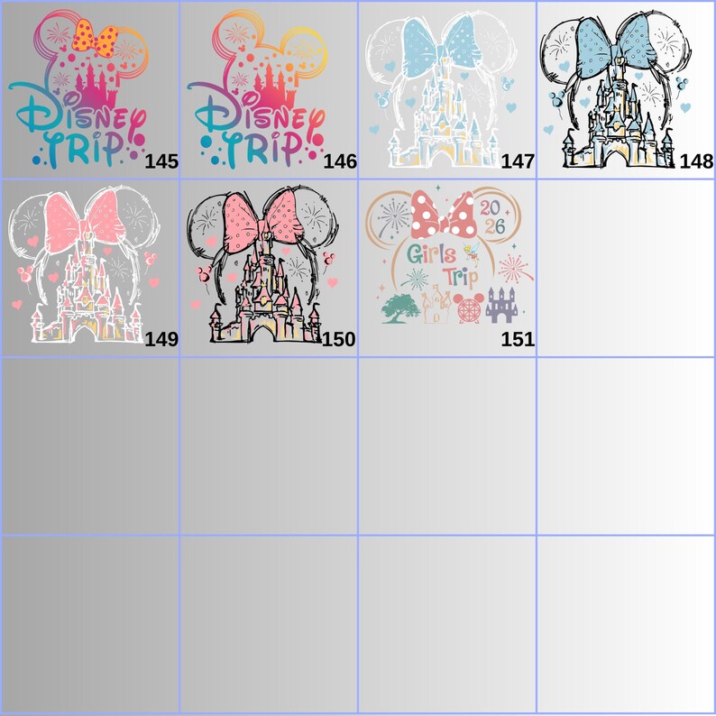 May include: Collection of graphic designs featuring Minnie Mouse ears, bows, and castles. Designs include the text "Disney Trip" and "Girls Trip 2026". The color palette includes pink, blue, and yellow.