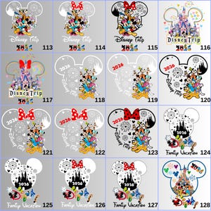 May include: A collection of Disney-themed designs on a gray background. Each design features Mickey Mouse ears with various characters, fireworks, and text like "Disney Trip 2026" or "Family Vacation 2026". The designs are colorful and black and white.