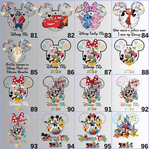 May include: A collection of Disney-themed designs featuring Mickey Mouse ears. Each design includes characters like Lightning McQueen, Stitch, and Mickey and Minnie Mouse, with the text "Disney Trip 2026" or other phrases. The designs are colorful and playful.