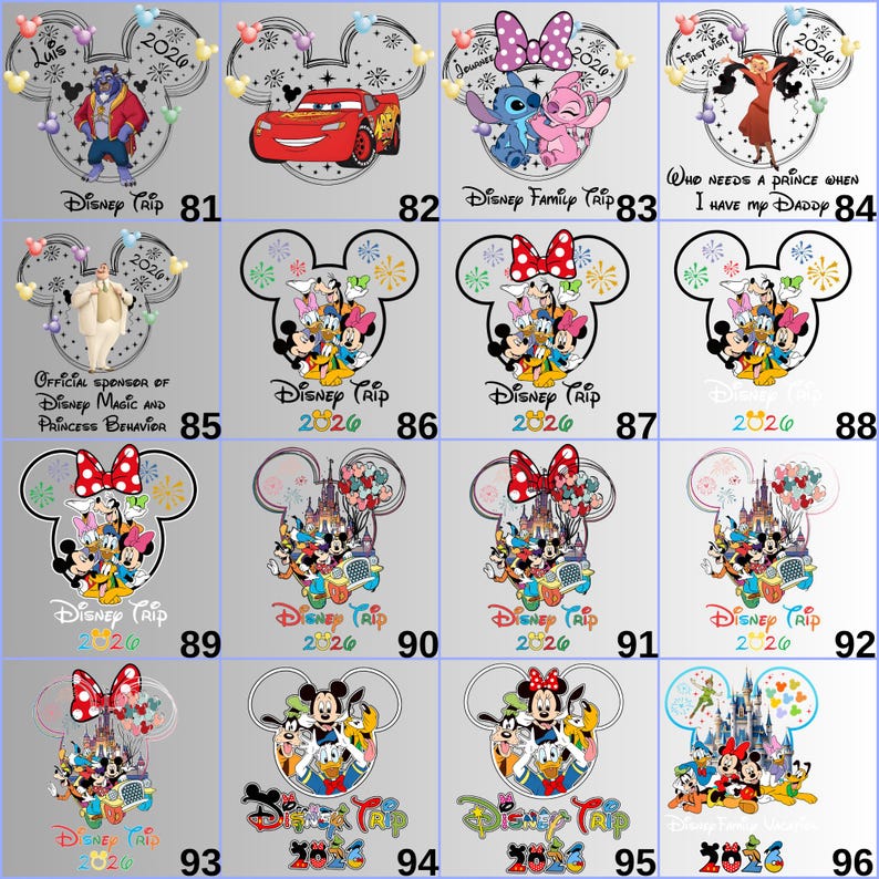 May include: A collection of Disney-themed designs featuring Mickey Mouse ears. Each design includes characters like Lightning McQueen, Stitch, and Mickey and Minnie Mouse, with the text "Disney Trip 2026" or other phrases. The designs are colorful and playful.