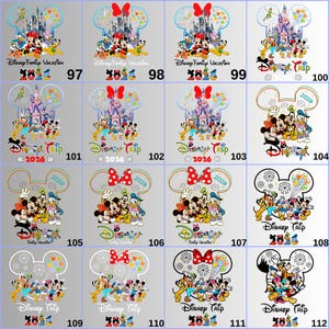 May include: A collection of Disney-themed designs featuring Mickey Mouse, Minnie Mouse, Donald Duck, and other characters. The designs include the text "Disney Family Vacation" and "Disney Trip 2016" or "2026" with various castle and character illustrations.