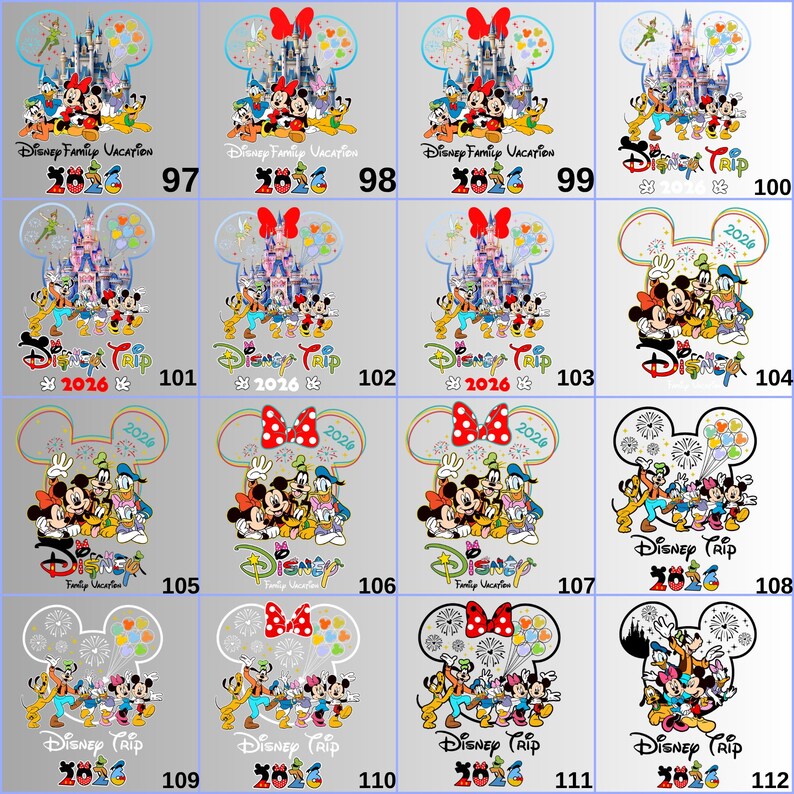 May include: A collection of Disney-themed designs featuring Mickey Mouse, Minnie Mouse, Donald Duck, and other characters. The designs include the text "Disney Family Vacation" and "Disney Trip 2016" or "2026" with various castle and character illustrations.