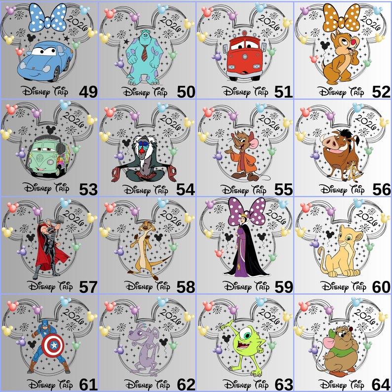 May include: A collection of Disney-themed designs, each featuring a character or element from various Disney movies. Each design is set within a Mickey Mouse ear frame, with "Disney Trip 2026" text.
