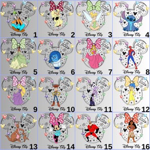 May include: A grid of sixteen Disney-themed designs, each featuring a character within a Mickey Mouse head outline. Each design includes the text "Disney Trip 2020" and a character such as Goofy, Minnie Mouse, Tinkerbell, and Stitch.