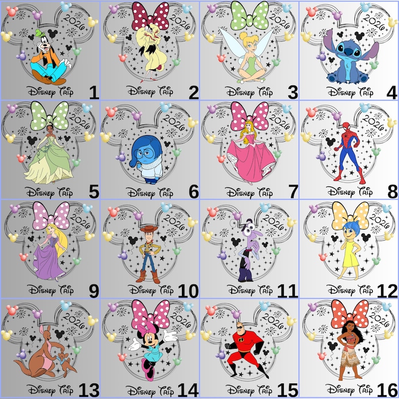 May include: A grid of sixteen Disney-themed designs, each featuring a character within a Mickey Mouse head outline. Each design includes the text "Disney Trip 2020" and a character such as Goofy, Minnie Mouse, Tinkerbell, and Stitch.