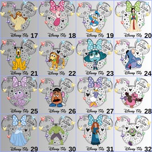 May include: A collection of Disney character designs, each within a Mickey Mouse head outline, with the text "Disney Trip 2020". Characters include Winnie the Pooh, Donald Duck, Mulan, Pluto, and others. Each design is on a gray background.
