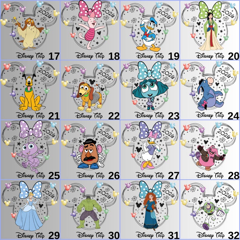 May include: A collection of Disney character designs, each within a Mickey Mouse head outline, with the text "Disney Trip 2020". Characters include Winnie the Pooh, Donald Duck, Mulan, Pluto, and others. Each design is on a gray background.