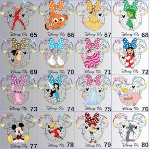 May include: A collection of Disney character designs, each within a Mickey Mouse head shape, featuring characters like Nemo, Belle, and Stitch. Each design includes a bow, the text "Disney Trip 2020", and a number.