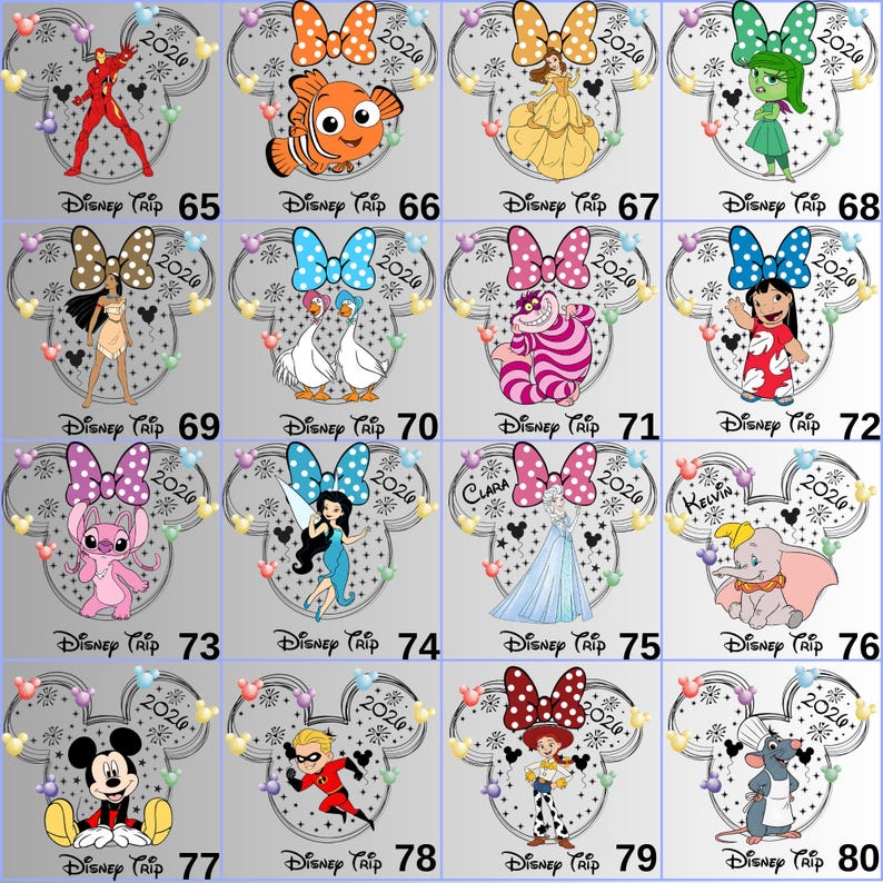 May include: A collection of Disney character designs, each within a Mickey Mouse head shape, featuring characters like Nemo, Belle, and Stitch. Each design includes a bow, the text "Disney Trip 2020", and a number.