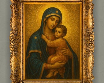 Mother Mary & Baby Jesus Print: Golden Aura Catholic Wall Art (Digital Download