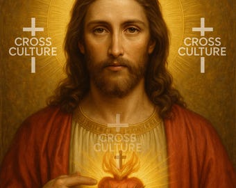Puede incluir: Un retrato de Jesucristo, con cabello castaño largo y barba, vistiendo una túnica roja y una túnica crema. Un corazón brillante con una corona de espinas es visible. El texto "CROSS CULTURE" se muestra.