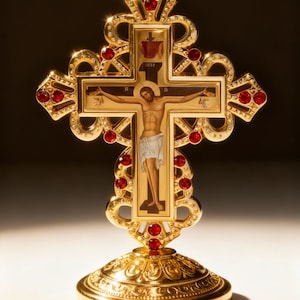 May include: An ornate gold cross with red jewel detailing. The cross depicts Jesus Christ and is mounted on a decorative base. This religious item is likely for display or personal use. The cross is made of gold-colored metal.