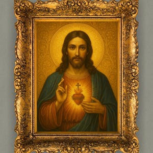 Puede incluir: Retrato religioso enmarcado que presenta una figura central con cabello castaño largo, barba y halo. La figura viste una túnica azul y roja, con un emblema de corazón y cruz. El marco dorado ornamentado añade un toque decorativo.