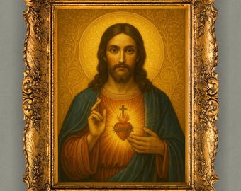 Puede incluir: Retrato religioso enmarcado que presenta una figura central con cabello castaño largo, barba y halo. La figura viste una túnica azul y roja, con un emblema de corazón y cruz. El marco dorado ornamentado añade un toque decorativo.