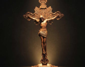 Crucifijo de madera de haya tallado a mano / Cruz de altar de pie o crucifijo de pared / Gran adorno cristiano católico de madera
