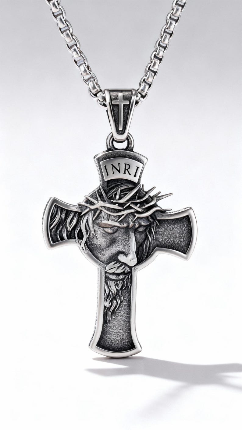 INRI Crown of Thorns Cross Pendant: Stainless Steel Jesus Necklace - Etsy