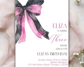 Pink & Black Bow Birthday Invitation: Watercolor Party Invite (Digital Download)