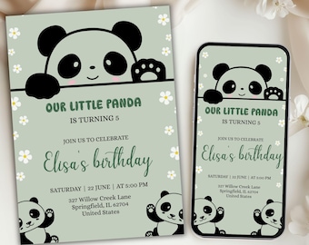 May include: A light green birthday invitation and phone case featuring a panda bear design. The invitation reads "Our Little Panda is Turning 5" and includes details for Elisa's birthday celebration. White flower accents and panda illustrations complete the design.