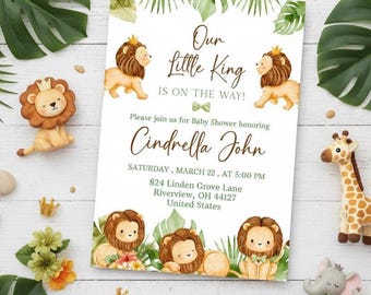 Lion Theme Baby Shower Invitation: Tropical Floral, Editable Template (Digital Download)
