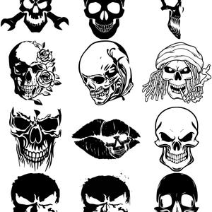 May include: A collection of black and white skull illustrations. The skulls vary in design, some with crossbones, bows, roses, and dreadlocks. The images are detailed and suitable for various design projects.