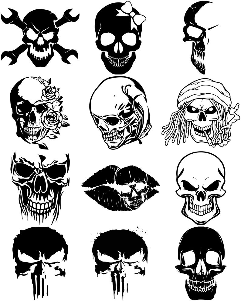 May include: A collection of black and white skull illustrations. The skulls vary in design, some with crossbones, bows, roses, and dreadlocks. The images are detailed and suitable for various design projects.