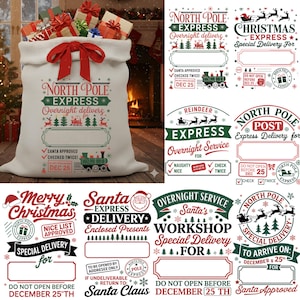 May include: A large white Christmas sack filled with wrapped gifts, tied with a red bow. The sack features the text "North Pole Express" and other festive graphics. Various Christmas-themed labels and designs are also shown.