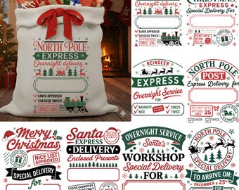 Puede incluir: Un gran saco navideño blanco lleno de regalos envueltos, atado con un lazo rojo. El saco presenta el texto "North Pole Express" y otros gráficos temáticos navideños. También se muestran varias etiquetas y diseños navideños.