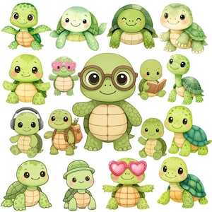 Puede incluir: Una colección de tortugas de dibujos animados en varias poses. Las tortugas son principalmente verdes y beige, algunas con accesorios como gafas, auriculares y mochilas. Algunas tortugas sonríen, y una está leyendo un libro.
