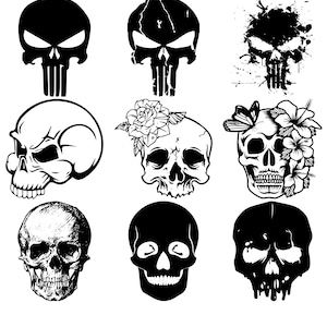 May include: A collection of nine black and white skull illustrations. The skulls vary in style, including a classic skull, a skull with a rose, and a skull with flowers and a butterfly. Some skulls have a distressed or splattered effect.