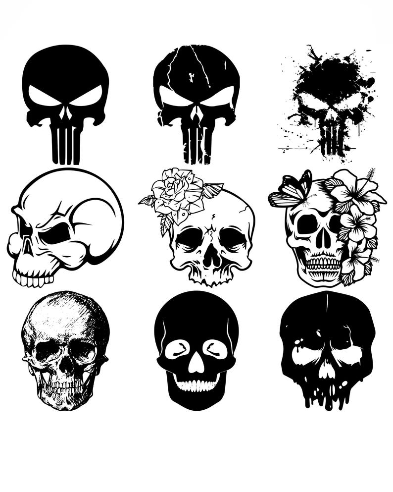 May include: A collection of nine black and white skull illustrations. The skulls vary in style, including a classic skull, a skull with a rose, and a skull with flowers and a butterfly. Some skulls have a distressed or splattered effect.
