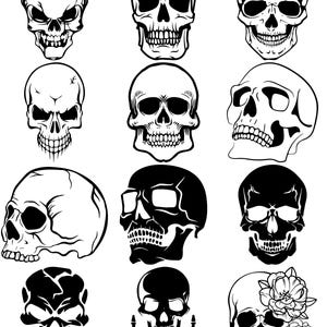 May include: A collection of twelve black and white skull illustrations. The skulls vary in style, some with detailed shading and others with bold outlines. One skull features a floral design.