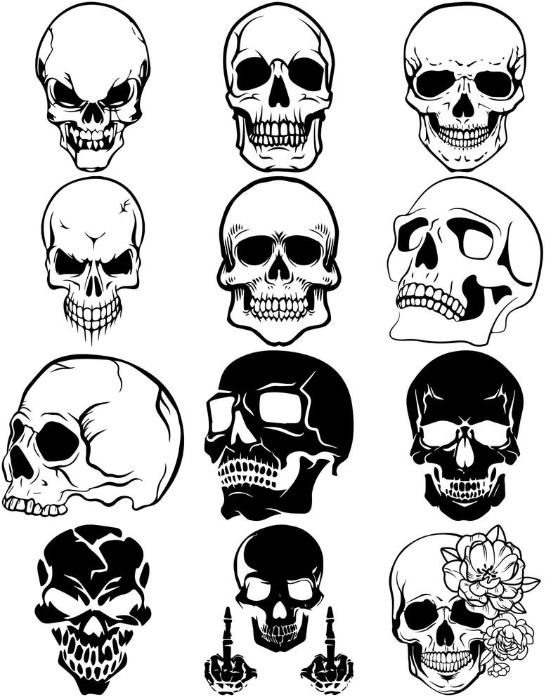 May include: A collection of twelve black and white skull illustrations. The skulls vary in style, some with detailed shading and others with bold outlines. One skull features a floral design.