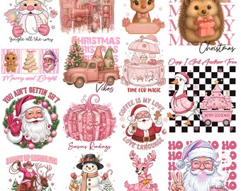 Pink Preppy Christmas PNG Bundle, Floral Doodles (Digital Download)