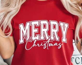 Retro Merry Christmas SVG PNG, Distressed Varsity Design (Digital Download)