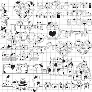 Bundle de dessin animé chat mignon animaux Kawaii avec fleur, feuilles, fichier SVG pour couper, animal dessinés à la main, dxf, png, eps, pour cricut Silhouette, camée