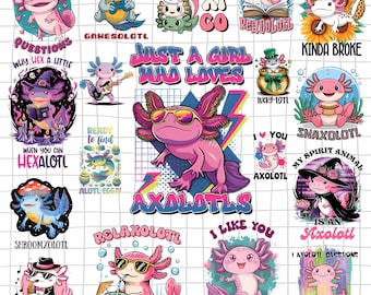 Pacote de SVGs de Axolote Kawaii, Clipart PNG de Axolote Fofo, Design Divertido de Salamandra para Sublimação, Arquivo de Corte para Cricut para Download