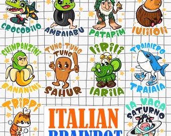 Italian Brainrot Meme PNG Bundle, Tralalero Tralala, Bombardino Cocodrilo, Ballerina Cappuccina, Rhino Toasterino, Tung Sahur PNG