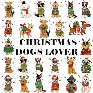 Könnte beinhalten: Eine Illustration mit verschiedenen Hunden in Weihnachtskleidung. Die Hunde tragen Weihnachtsmützen, festliche Pullover und Weihnachtsdekorationen. Der Text "CHRISTMAS DOGS LOVER" ist fett und schwarz geschrieben.