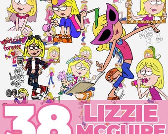 May include: A pink graphic featuring multiple cartoon illustrations of Lizzie McGuire in various poses. The text "38 LIZZIE MCGUIRE" is displayed in large, pink letters, with "SVG PNG JPG DFX" below. The background is also pink.
