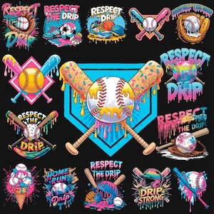 May include: A collection of colorful baseball-themed graphics with the text "Respect the Drip" and "Home Run Drip". The designs feature baseballs, bats, gloves, and helmets with dripping paint effects in vibrant colors like pink, blue, and yellow.