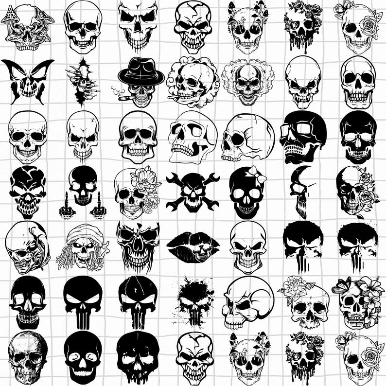 May include: A grid of black and white skull illustrations. Some skulls have hats, flowers, or other embellishments. The skulls vary in style, from simple outlines to detailed drawings, and are arranged on a white grid.
