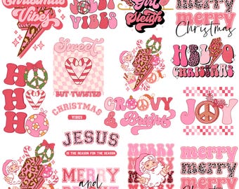Retro Pink Santa Christmas PNG Bundle, Girly Holiday Designs (Digital Download)