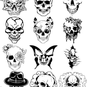 May include: A collection of black and white skull illustrations. The skulls feature various designs, including mushrooms, roses, and a butterfly motif. One skull wears a fedora and smokes a cigar. The images are suitable for tattoos or graphic designs.