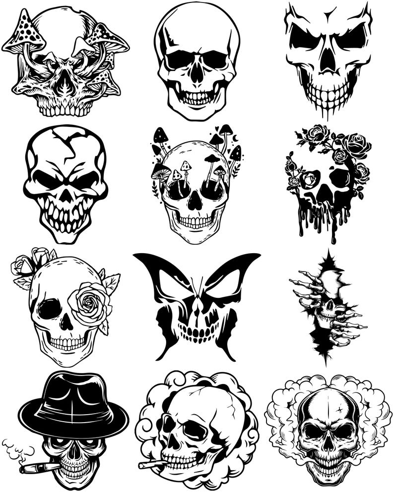 May include: A collection of black and white skull illustrations. The skulls feature various designs, including mushrooms, roses, and a butterfly motif. One skull wears a fedora and smokes a cigar. The images are suitable for tattoos or graphic designs.