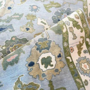 9'X12' Blue And Green Rug, Oushak Rug With Ivory, Olive Green & Light Pink Motifs: Modern Coastal Comfort Area Rug