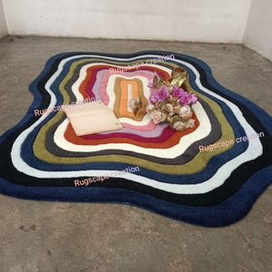 Tappeto in lana annodato a mano: strisce illusion multicolori, forma irregolare