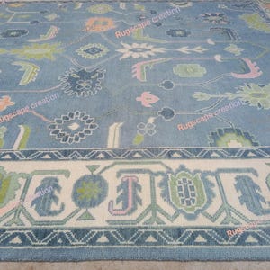 Hand Knotted Wool Oushak Rug: Blue, Green, Pink Pastel Area Rug